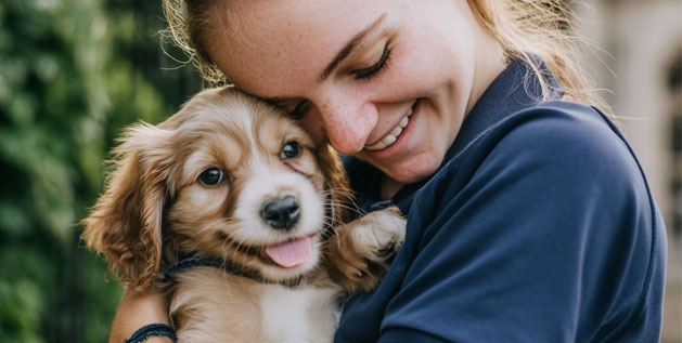 Staff hugging a happy puppy